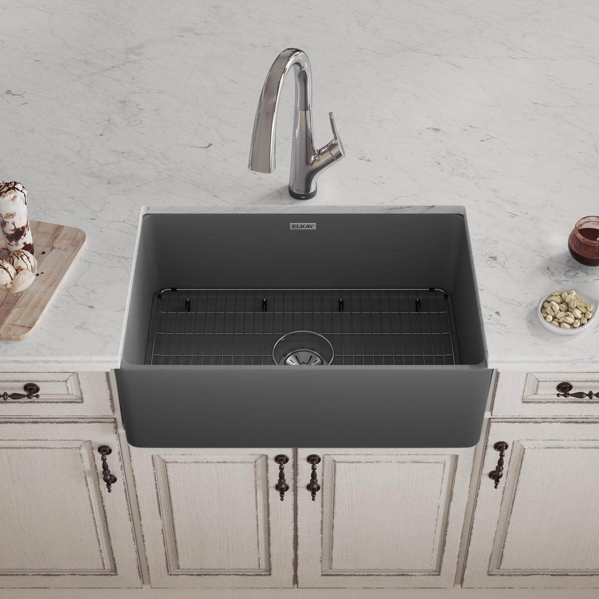 Elkay 30" Fireclay Farmhouse Sink Kit with Faucet, Single Bowl Matte Gray, SWUF28179MGFLC