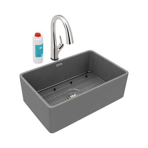 Elkay 30" Fireclay Farmhouse Sink Kit with Faucet, Single Bowl Matte Gray, SWUF28179MGFLC