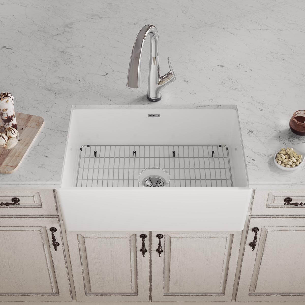 Elkay 30" Fireclay Farmhouse Sink Kit with Faucet, Single Bowl White, SWUF28179WHFLC