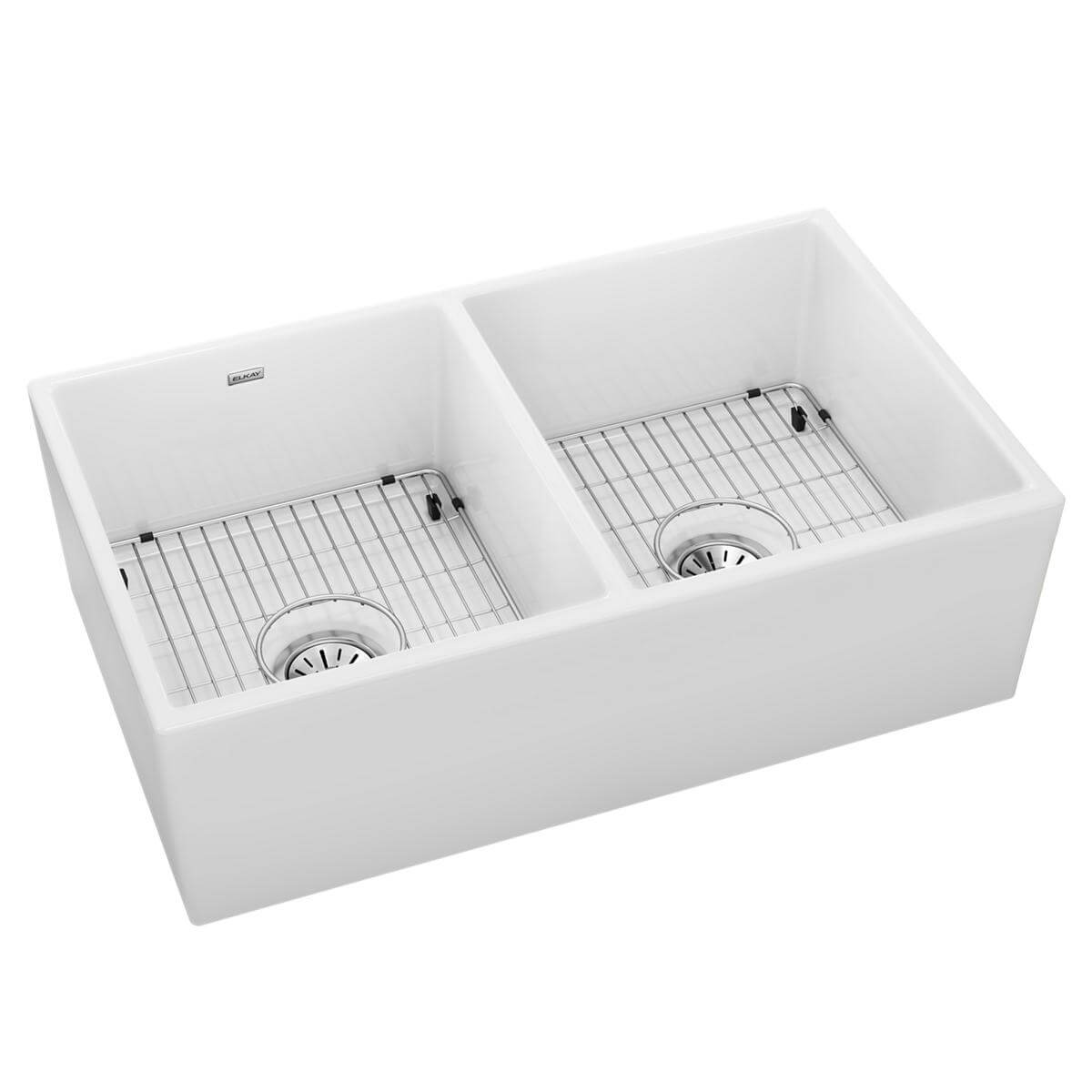 Elkay 33" Fireclay Farmhouse Sink Kit, 50/50 Double Bowl, White, SWUF32189WHC