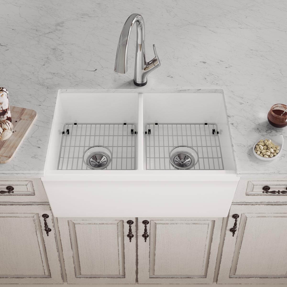 Elkay 33" Fireclay Farmhouse Sink Kit with Faucet, 50/50 Double Bowl, White, SWUF32189WHFLC