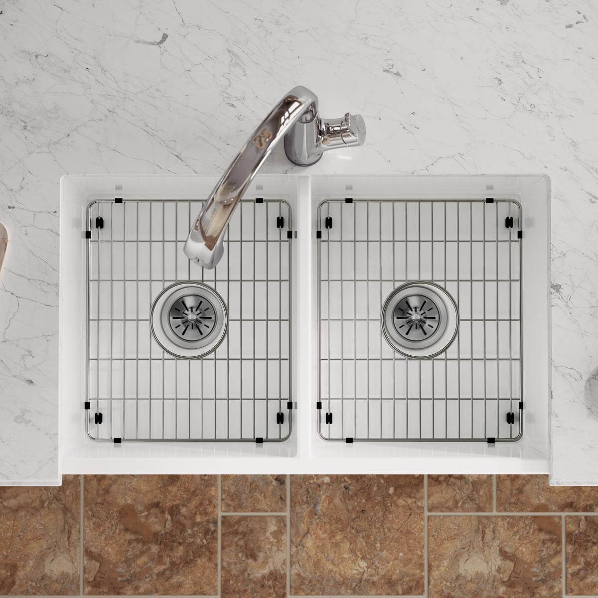 Elkay 33" Fireclay Farmhouse Sink Kit with Faucet, 50/50 Double Bowl, White, SWUF32189WHFLC