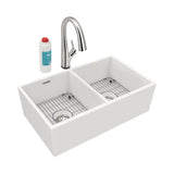 Elkay 33" Fireclay Farmhouse Sink Kit with Faucet, 50/50 Double Bowl, White, SWUF32189WHFLC