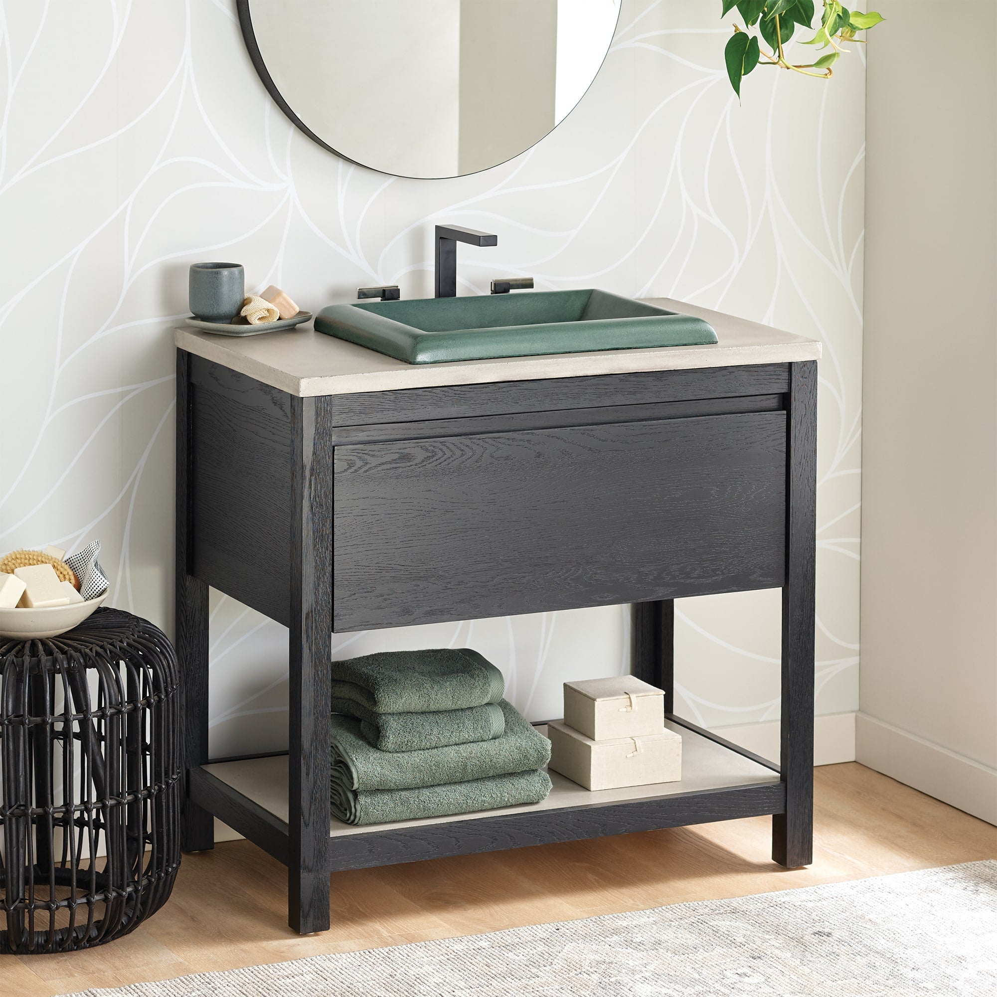 Native Trails 36" Solace Freestanding Vanity Base, Midnight Oak, Ash Shelf, VNO368-A Product Image
