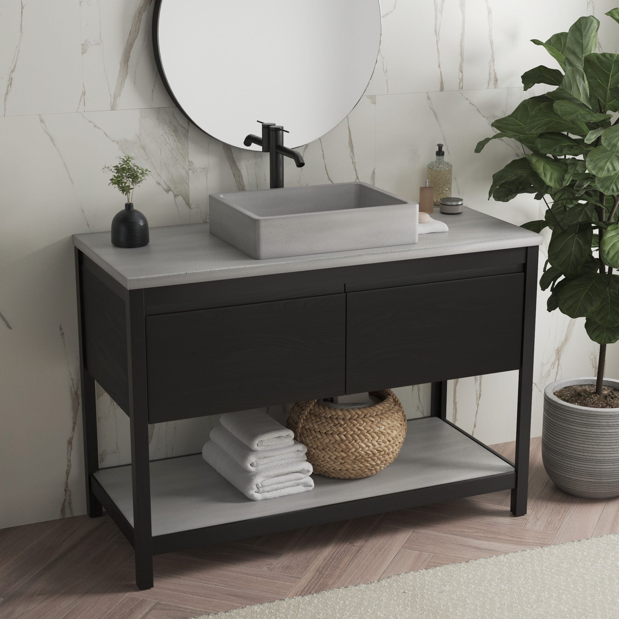 Native Trails 48" Solace Freestanding Vanity Base in Midnight Oak with Ash Shelf, VNO488-A