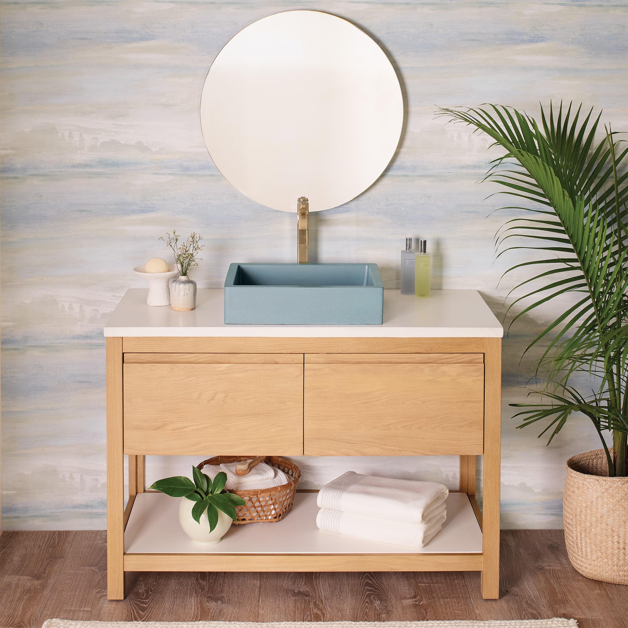 Native Trails 48" Solace Freestanding Vanity Base in Sunrise Oak with Pearl Shelf, VNO481-P