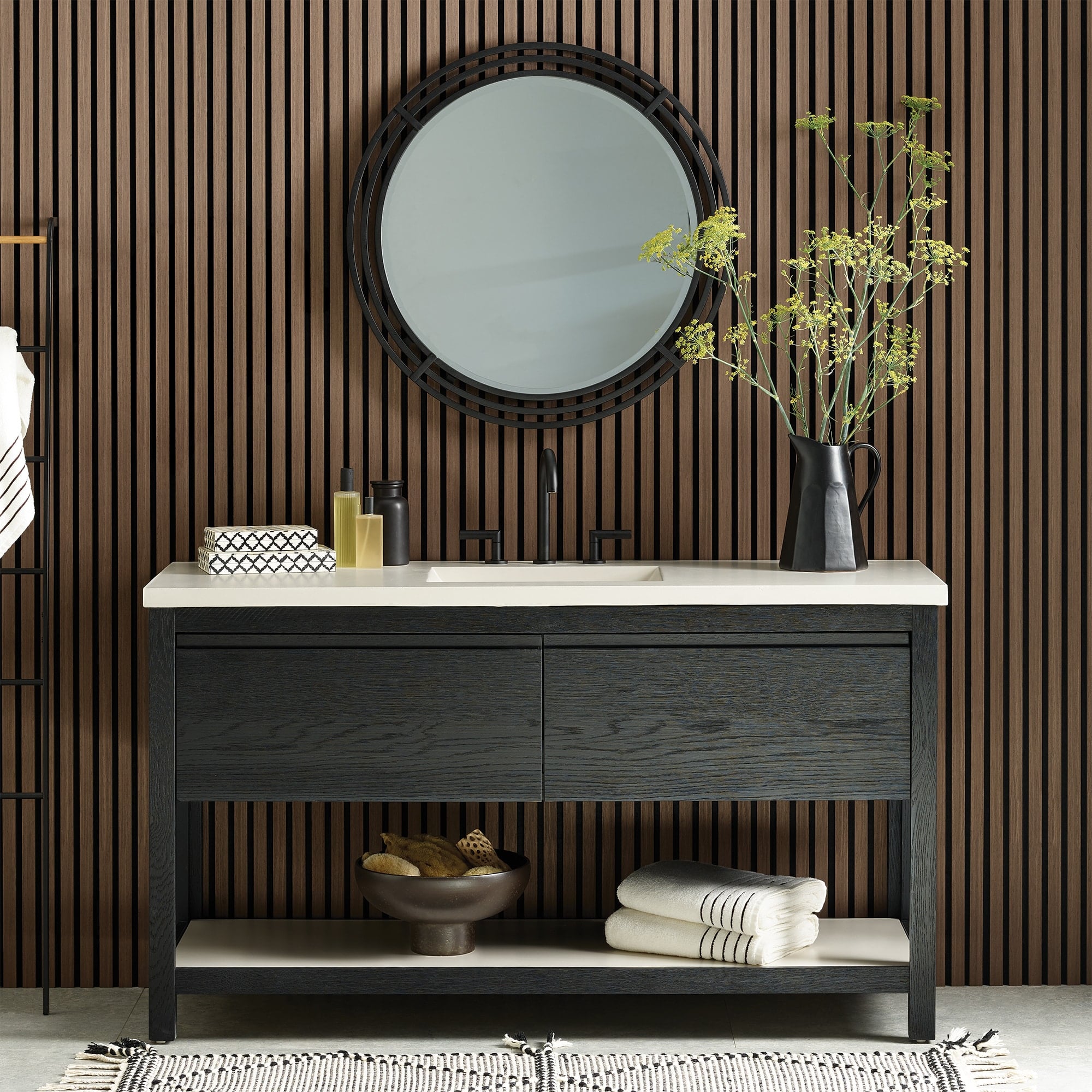 Native Trails 60" Solace Freestanding Reclaimed Wood Vanity Base in Midnight Oak with Pearl Shelf, VNO608-P Product Image