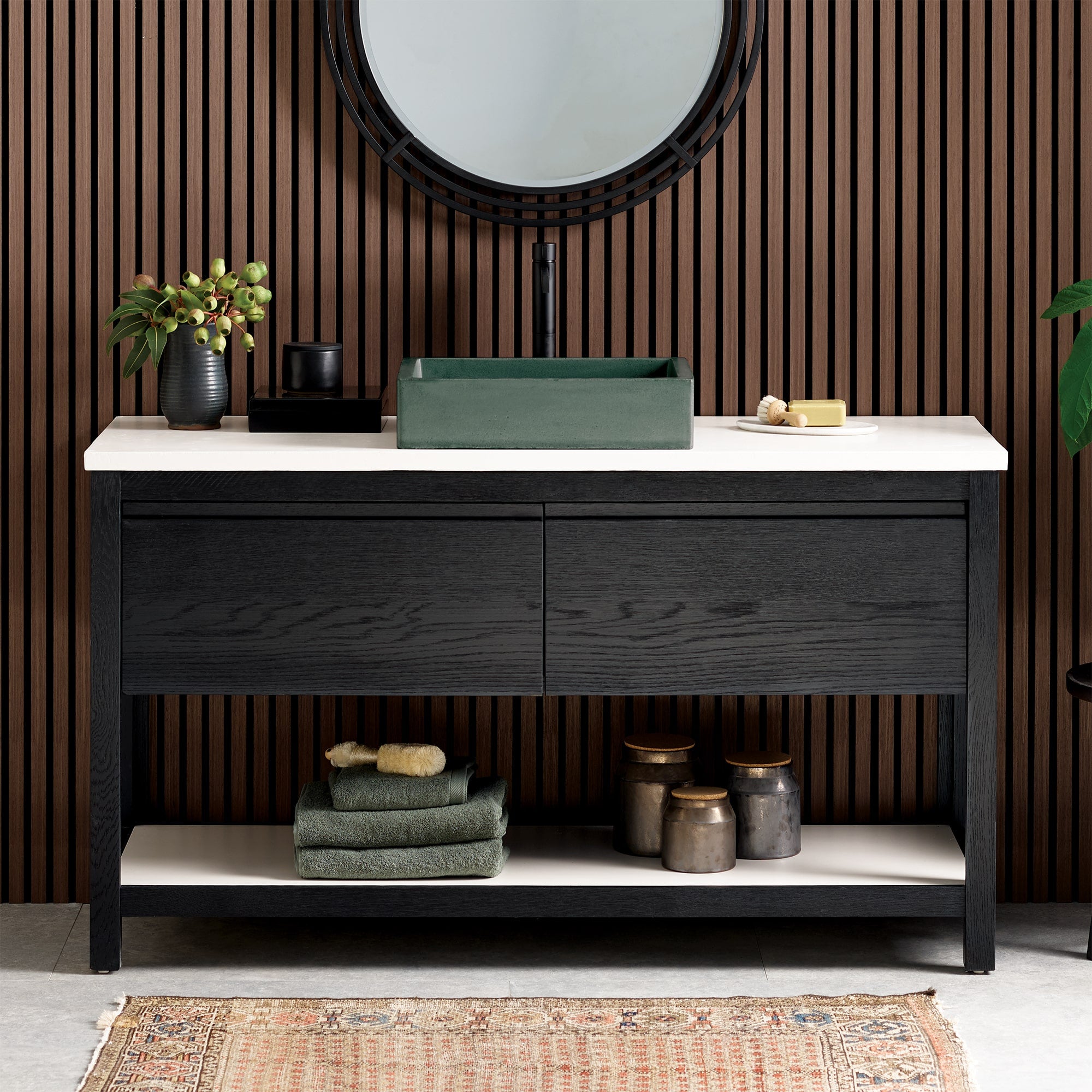 Native Trails 60" Solace Freestanding Reclaimed Wood Vanity Base in Midnight Oak with Pearl Shelf, VNO608-P Product Image