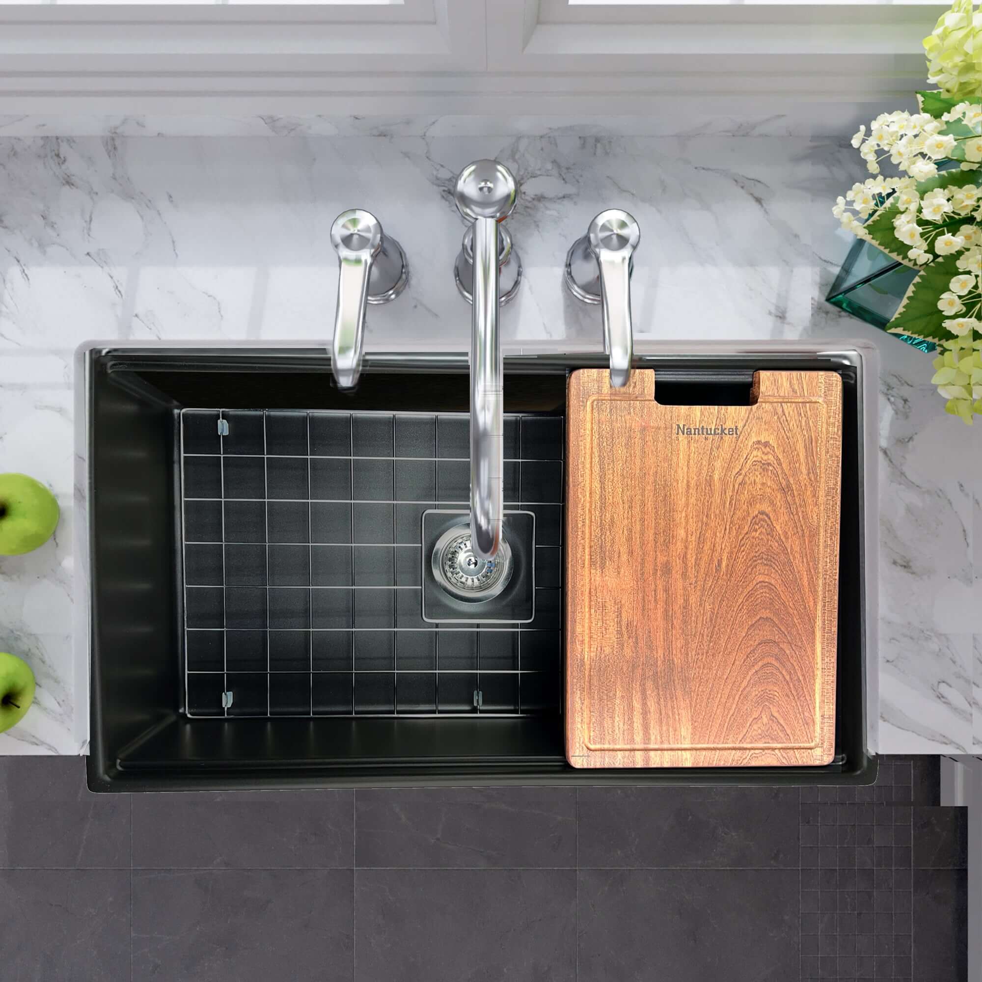 Nantucket Sinks Cape 33" Fireclay Workstation Farmhouse Sink with Accessories, Matte Black, T-PS33MB