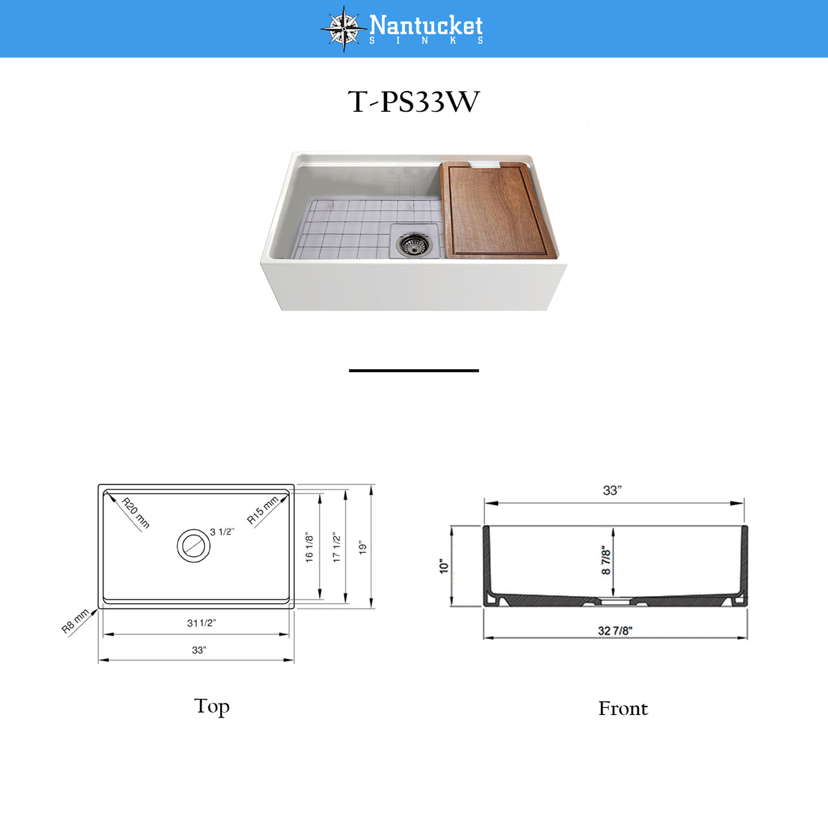 Nantucket Sinks Cape 33" Fireclay Workstation Farmhouse Sink with Accessories, White, T-PS33W