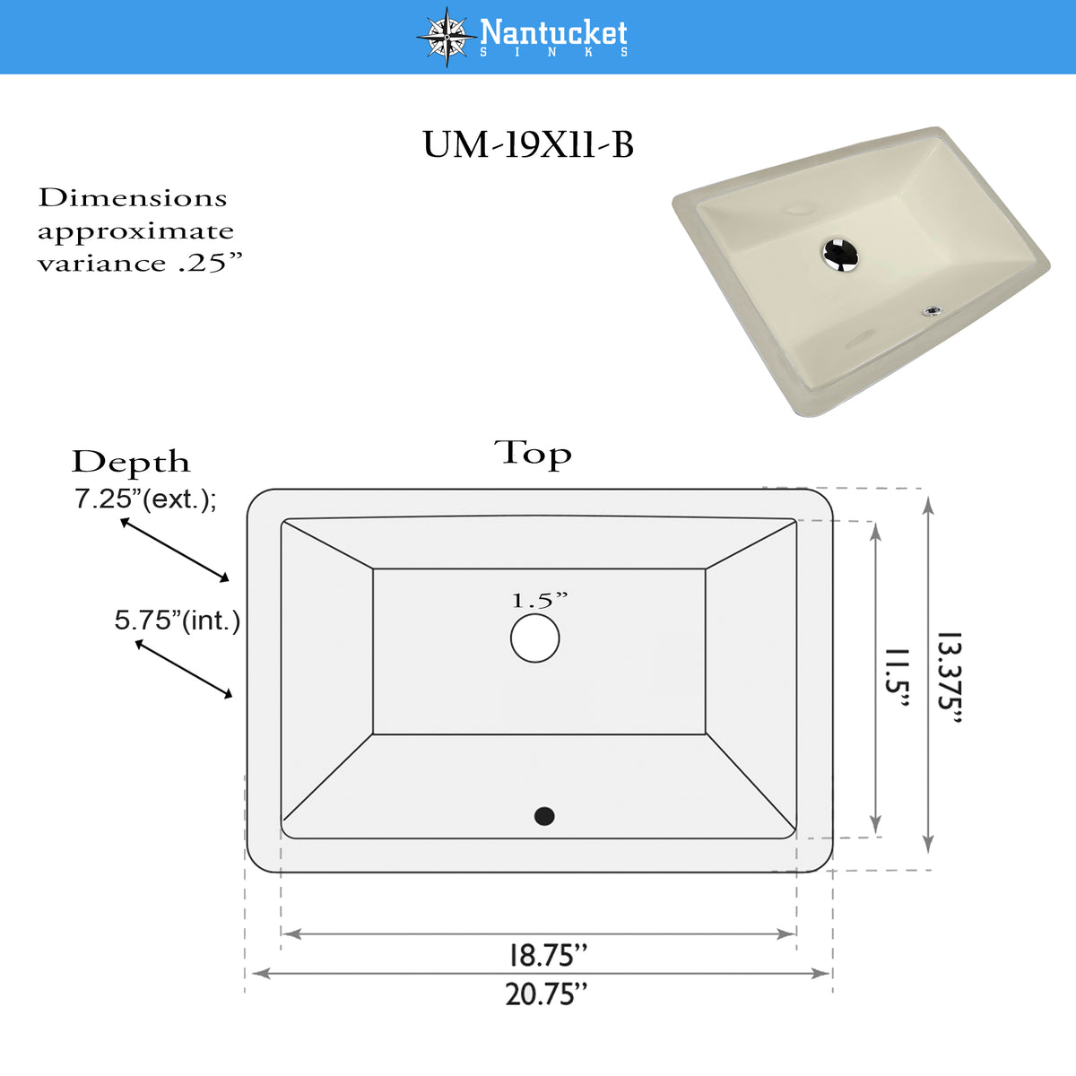 Nantucket Sinks Great Point 21" Ceramic Bathroom Sink, Bisque, UM-19x11-B