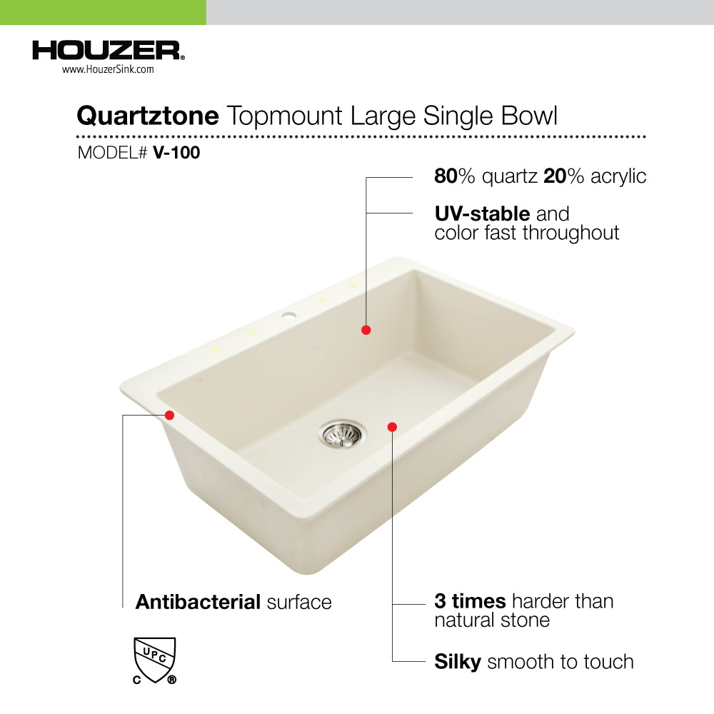Houzer Quartztone 33 inch Midnite Granite Composite Topmount Single Bowl Kitchen Sink, V-100 MIDNITE