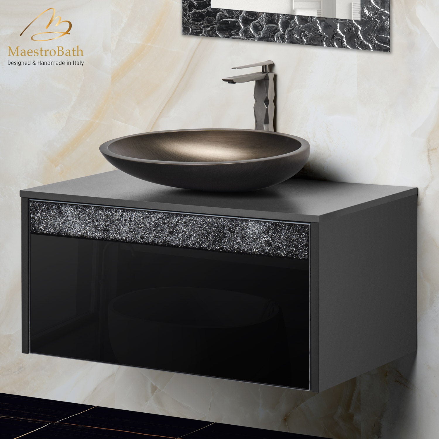 MaestroBath Splendore Modern Single Bathroom Vanity 32", Durable Wood and Murano Crystals, Black, Grey and Black, VAN-SPL32-GRB