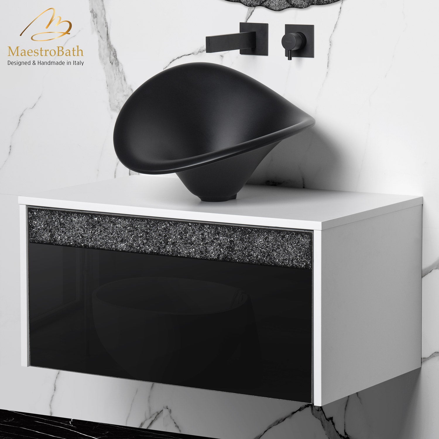 MaestroBath Splendore Modern Single Bathroom Vanity 32", Durable Wood and Murano Crystals, White and Black, VAN-SPL32-WHB