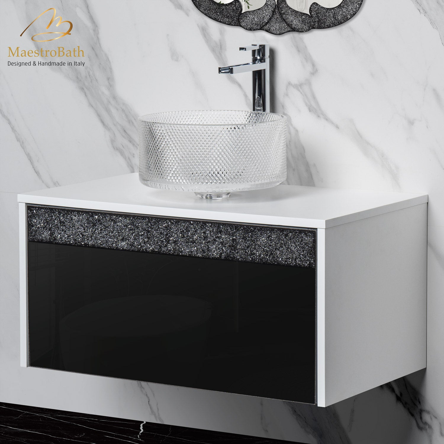 MaestroBath Splendore Modern Single Bathroom Vanity 32", Durable Wood and Murano Crystals, White and Black, VAN-SPL32-WHB