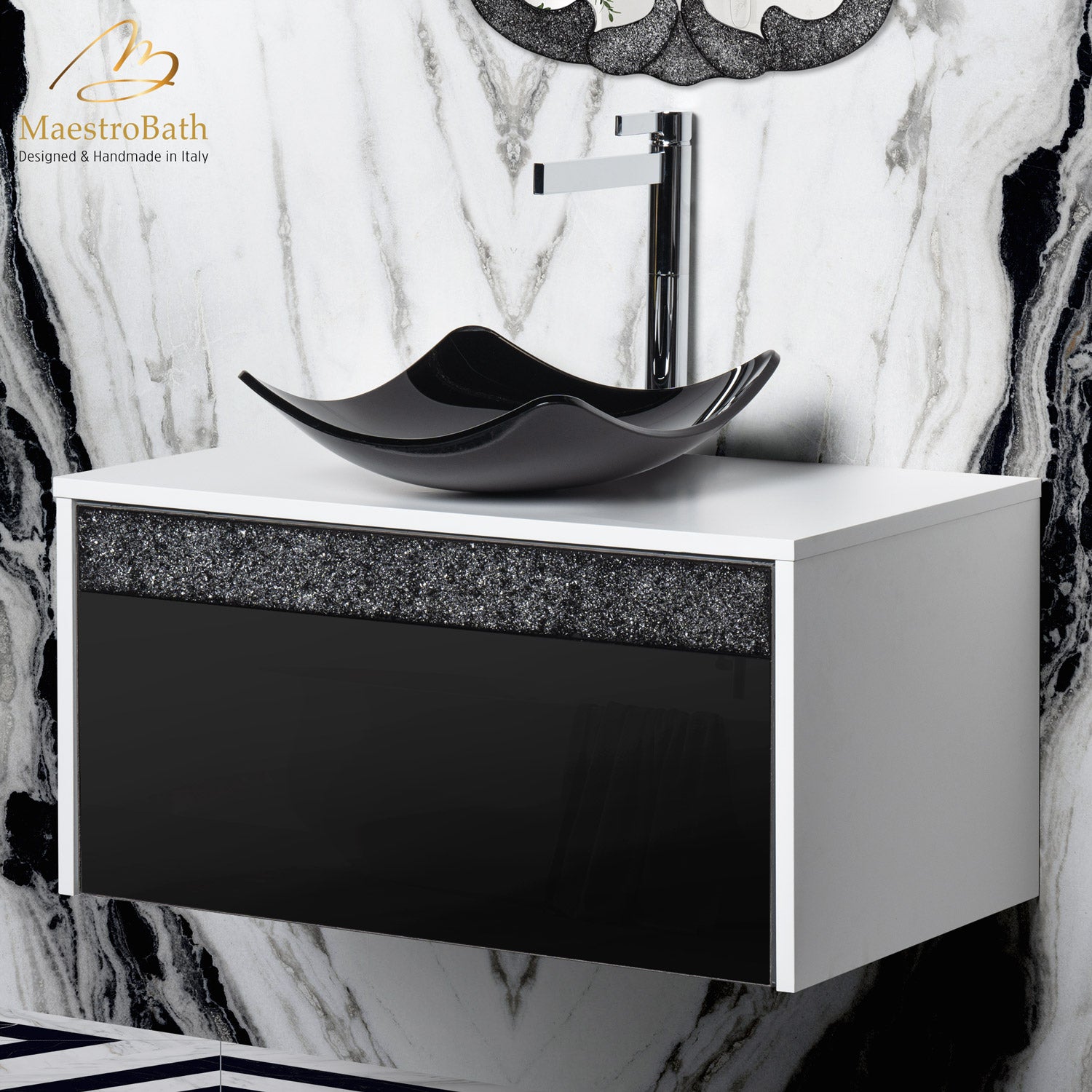 MaestroBath Splendore Modern Single Bathroom Vanity 32", Durable Wood and Murano Crystals, White and Black, VAN-SPL32-WHB