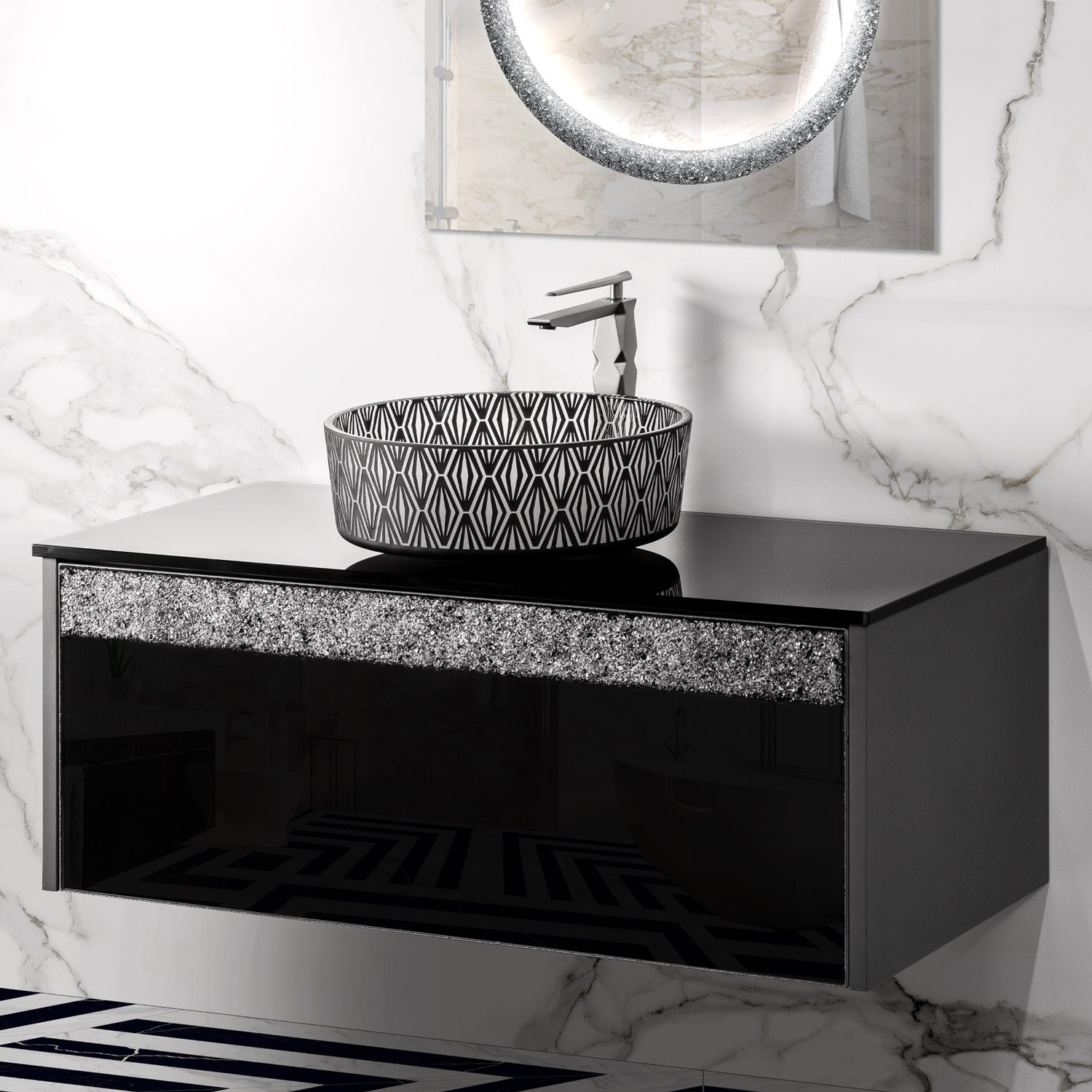 MaestroBath Splendore Modern Single Bathroom Vanity 40", Durable Wood and Murano Crystals, Grey and Black, VAN-SPL40-GRB