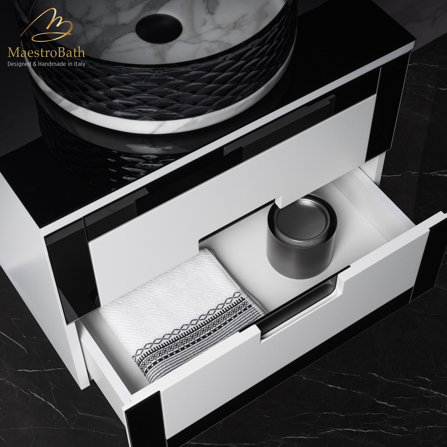MaestroBath Petalo Luxury Bathroom Vanity, Black and White, 24, Wood, VAN-PTL24-BLW