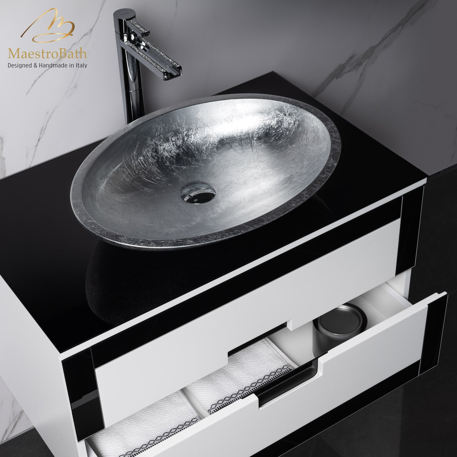 MaestroBath Petalo Luxury Bathroom Vanity, Black and White, 32, Wood, VAN-PTL32-BLW