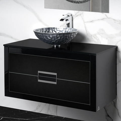 MaestroBath Dante 40" Modern Bathroom Vanity, Black and Silver, Wall-mounted, Glass Top: Flat, Wood, VANK-DNT-BS10