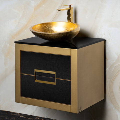 MaestroBath Dante 24" Modern Bathroom Vanity, Gold and Black, Wall-mounted, Glass Top: Flat, Wood, VANK-DNT-GL6