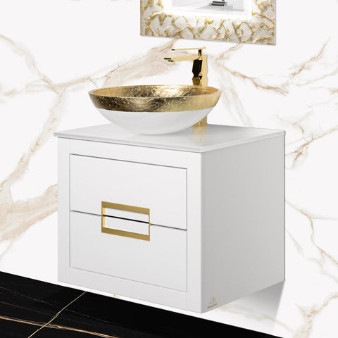 MaestroBath Dante 24" Modern Bathroom Vanity, White and Gold, Wall-mounted, Glass Top: Flat, Wood, VANK-DNT-WG6