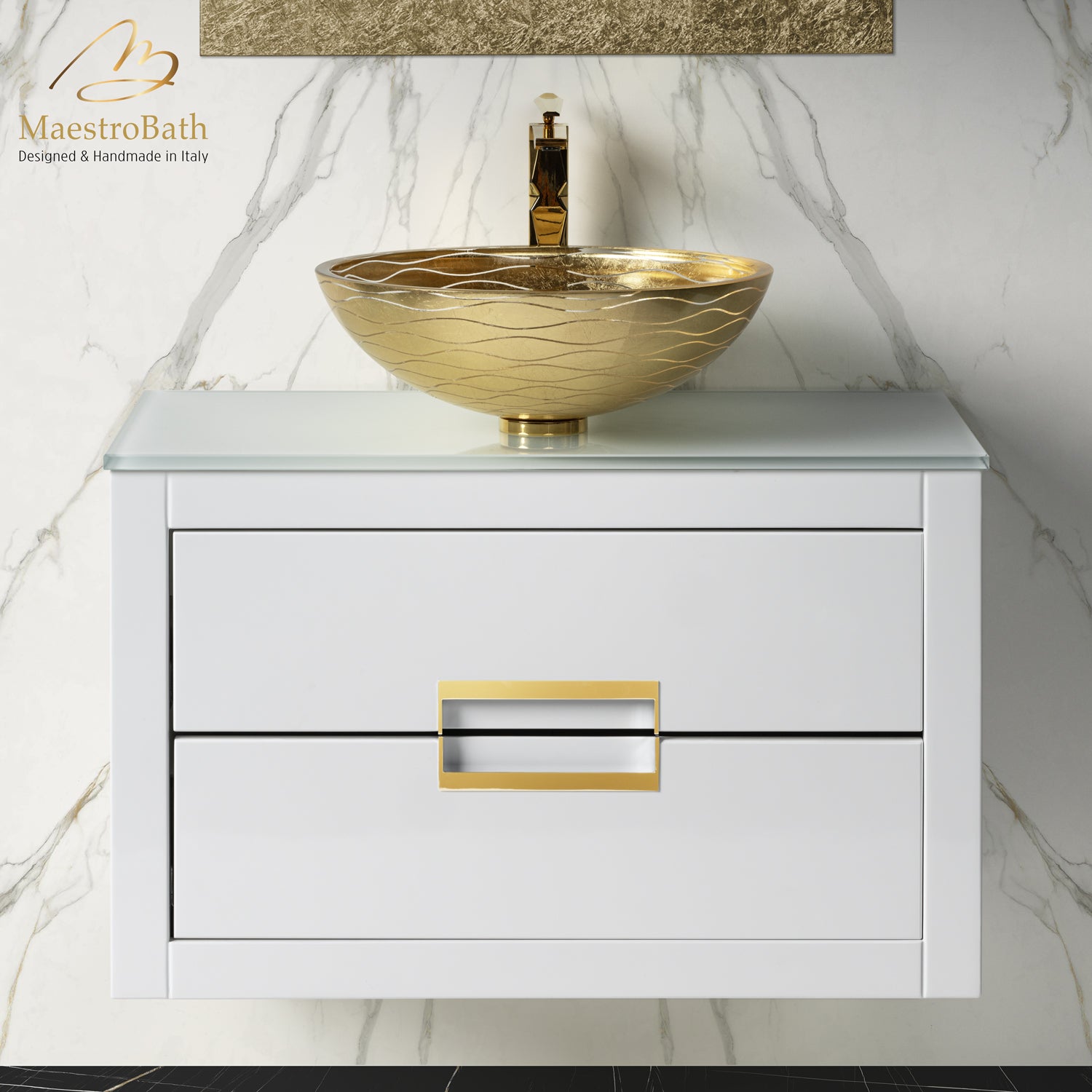 MaestroBath Dante 32" Modern Bathroom Vanity, White and Gold, Wall-mounted, Glass Top: Flat, Wood, VANK-DNT-WG8