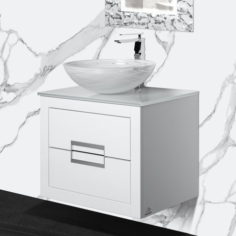 MaestroBath Dante 24" Modern Bathroom Vanity, White and Silver, Wall-mounted, Glass Top: Flat, Wood, VANK-DNT-WS6