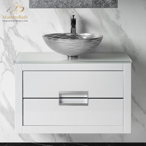 Alternate Image for MaestroBath Dante 32" Modern Bathroom Vanity, White and Silver, Wall-mounted, Glass Top: Flat, Wood, VANK-DNT-WS8