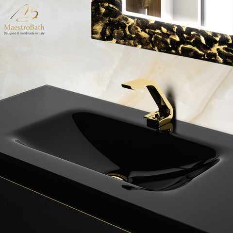 MaestroBath Dante 40" Modern Bathroom Vanity, Black and Gold, Wall-mounted, Glass Top: Integrated, Wood, VANK-DNTI-BG10