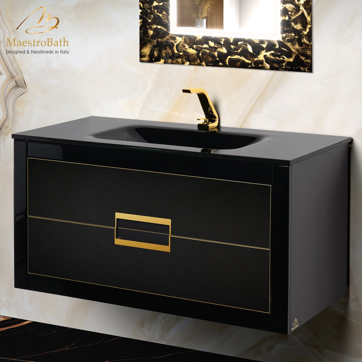 MaestroBath Dante 40" Modern Bathroom Vanity, Black and Gold, Wall-mounted, Glass Top: Integrated, Wood, VANK-DNTI-BG10