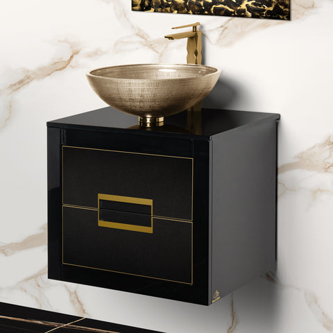 MaestroBath Dante 24" Modern Bathroom Vanity, Black and Gold, Wall-mounted, Glass Top: Integrated, Wood, VANK-DNTI-BG6