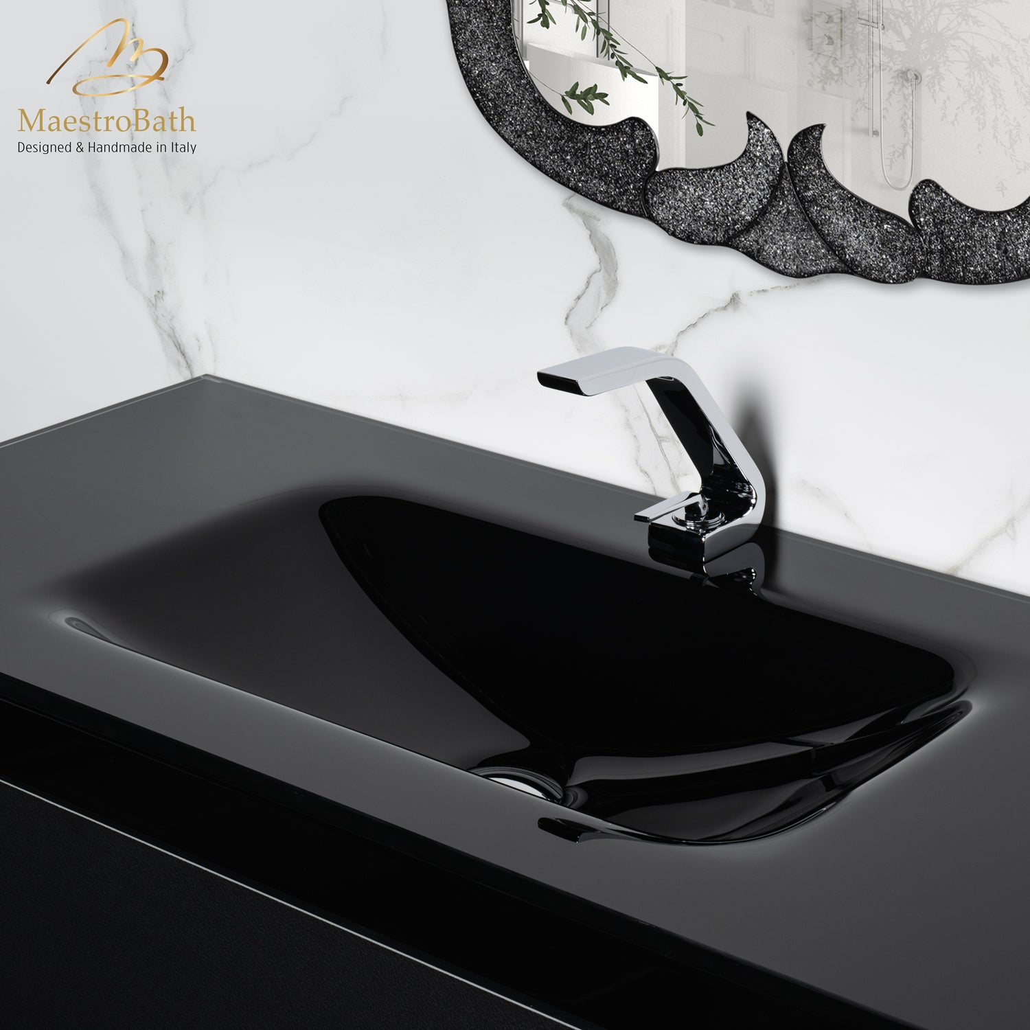 MaestroBath Dante 40" Modern Bathroom Vanity, Black and Silver, Wall-mounted, Glass Top: Integrated, Wood, VANK-DNTI-BS10