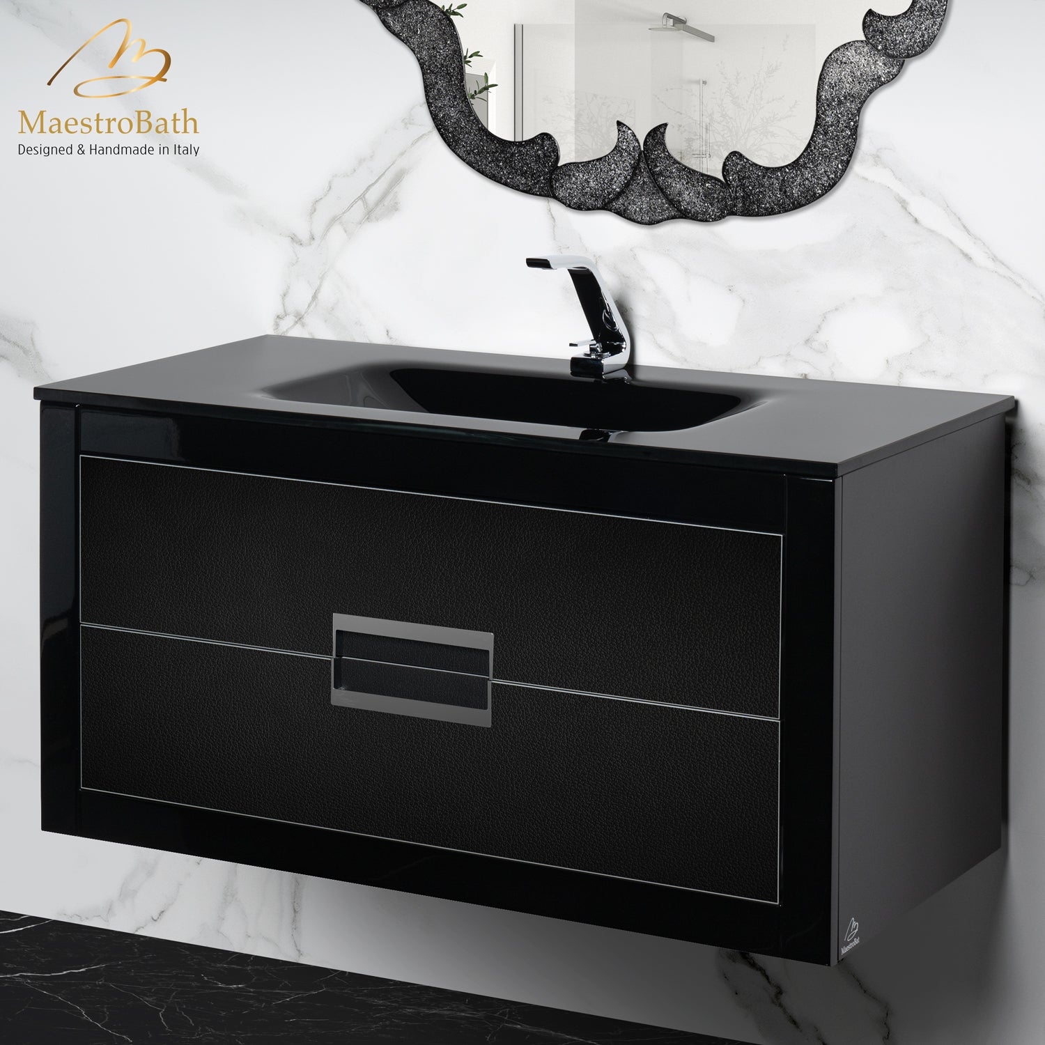 MaestroBath Dante 40" Modern Bathroom Vanity, Black and Silver, Wall-mounted, Glass Top: Integrated, Wood, VANK-DNTI-BS10