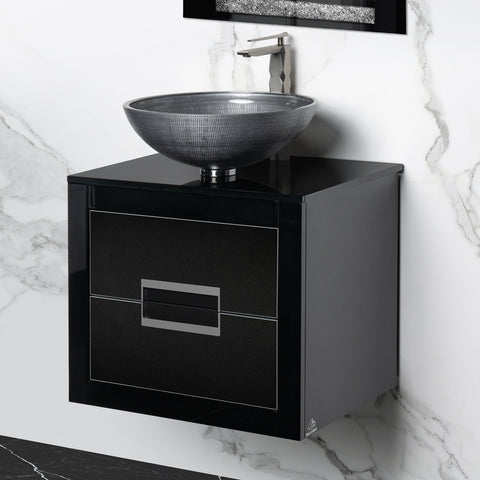 MaestroBath Dante 24" Modern Bathroom Vanity, Black and Silver, Wall-mounted, Glass Top: Integrated, Wood, VANK-DNTI-BS6