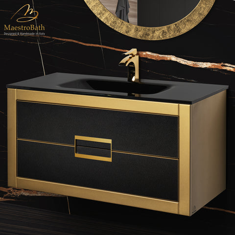 MaestroBath Dante 40" Modern Bathroom Vanity, Gold and Black, Wall-mounted, Glass Top: Integrated, Wood, VANK-DNTI-GL10