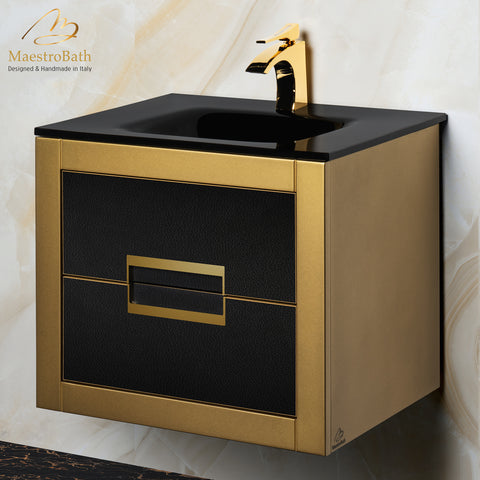 MaestroBath Dante 24" Modern Bathroom Vanity, Gold and Black, Wall-mounted, Glass Top: Integrated, Wood, VANK-DNTI-GL6