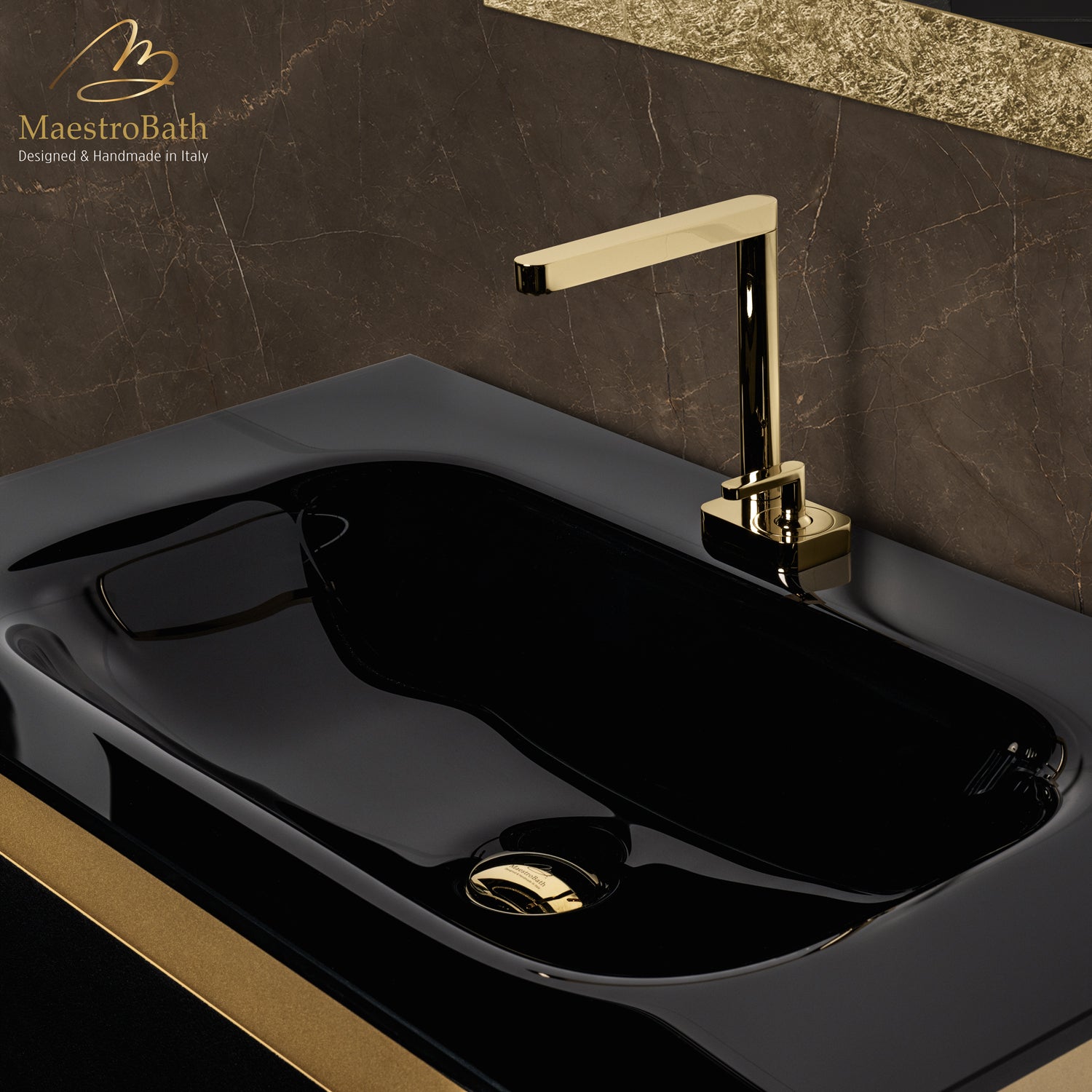 MaestroBath Dante 32" Modern Bathroom Vanity, Gold and Black, Wall-mounted, Glass Top: Integrated, Wood, VANK-DNTI-GL8