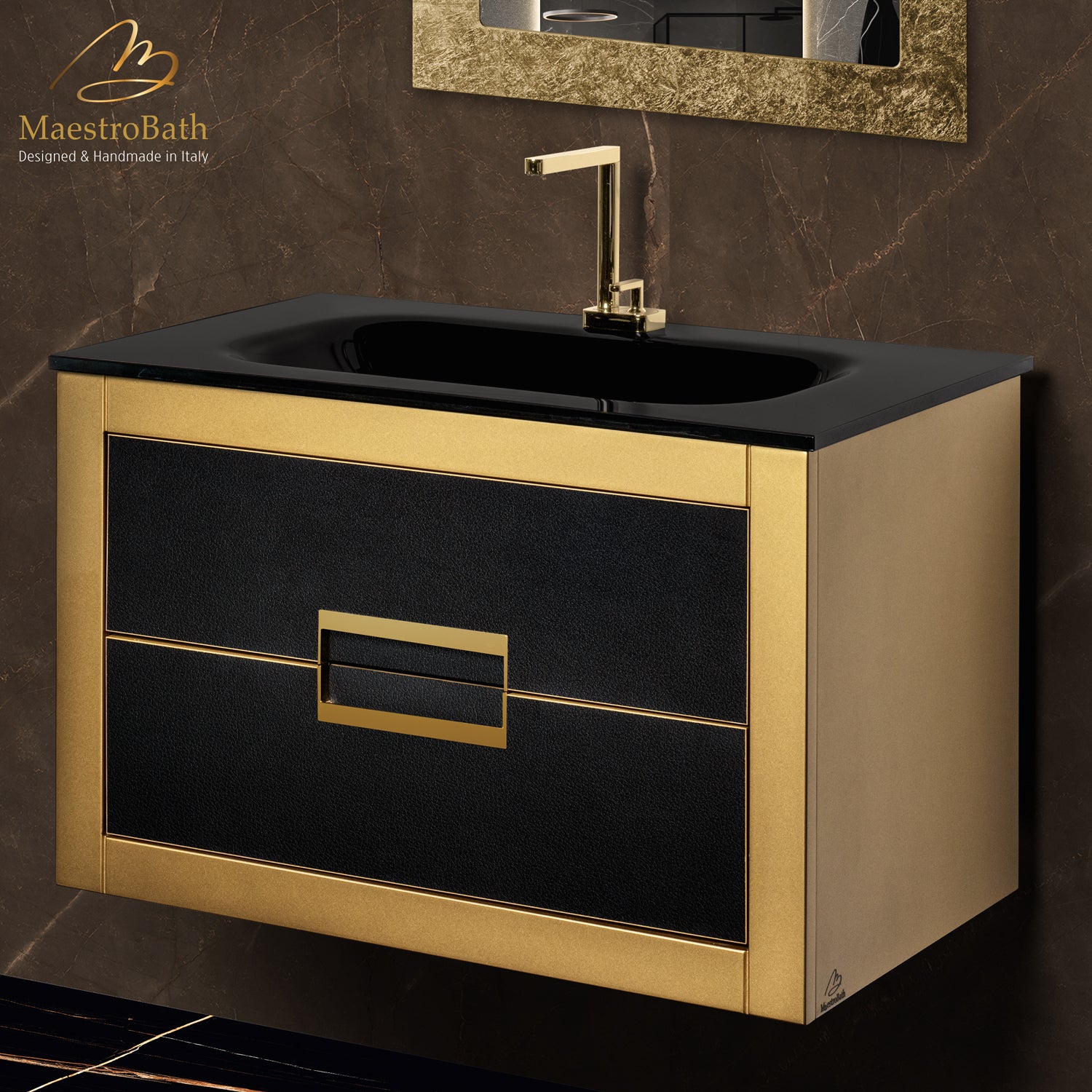 MaestroBath Dante 32" Modern Bathroom Vanity, Gold and Black, Wall-mounted, Glass Top: Integrated, Wood, VANK-DNTI-GL8