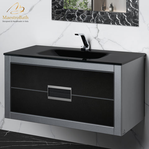 MaestroBath Dante 40" Modern Bathroom Vanity, Silver and Black, Wall-mounted, Glass Top: Integrated, Wood, VANK-DNTI-SL10