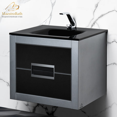 MaestroBath Dante 24" Modern Bathroom Vanity, Silver and Black, Wall-mounted, Glass Top: Integrated, Wood, VANK-DNTI-SL6