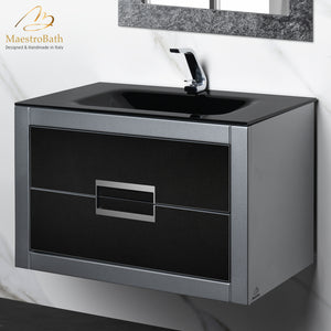 Alternate Image for MaestroBath Dante 32" Modern Bathroom Vanity, Silver and Black, Wall-mounted, Glass Top: Integrated, Wood, VANK-DNTI-SL8