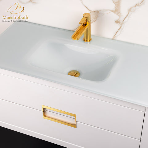 MaestroBath Dante 40" Modern Bathroom Vanity, White and Gold, Wall-mounted, Glass Top: Integrated, Wood, VANK-DNTI-WG10