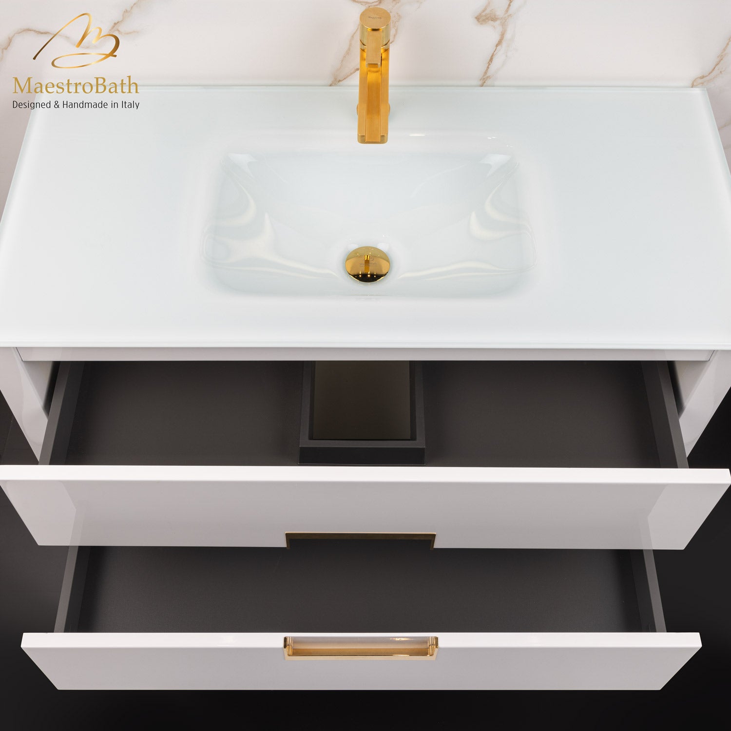 MaestroBath Dante 40" Modern Bathroom Vanity, White and Gold, Wall-mounted, Glass Top: Integrated, Wood, VANK-DNTI-WG10