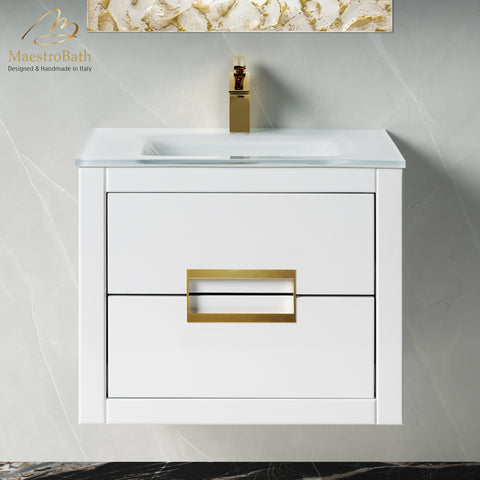 MaestroBath Dante 24" Modern Bathroom Vanity, White and Gold, Wall-mounted, Glass Top: Integrated, Wood, VANK-DNTI-WG6