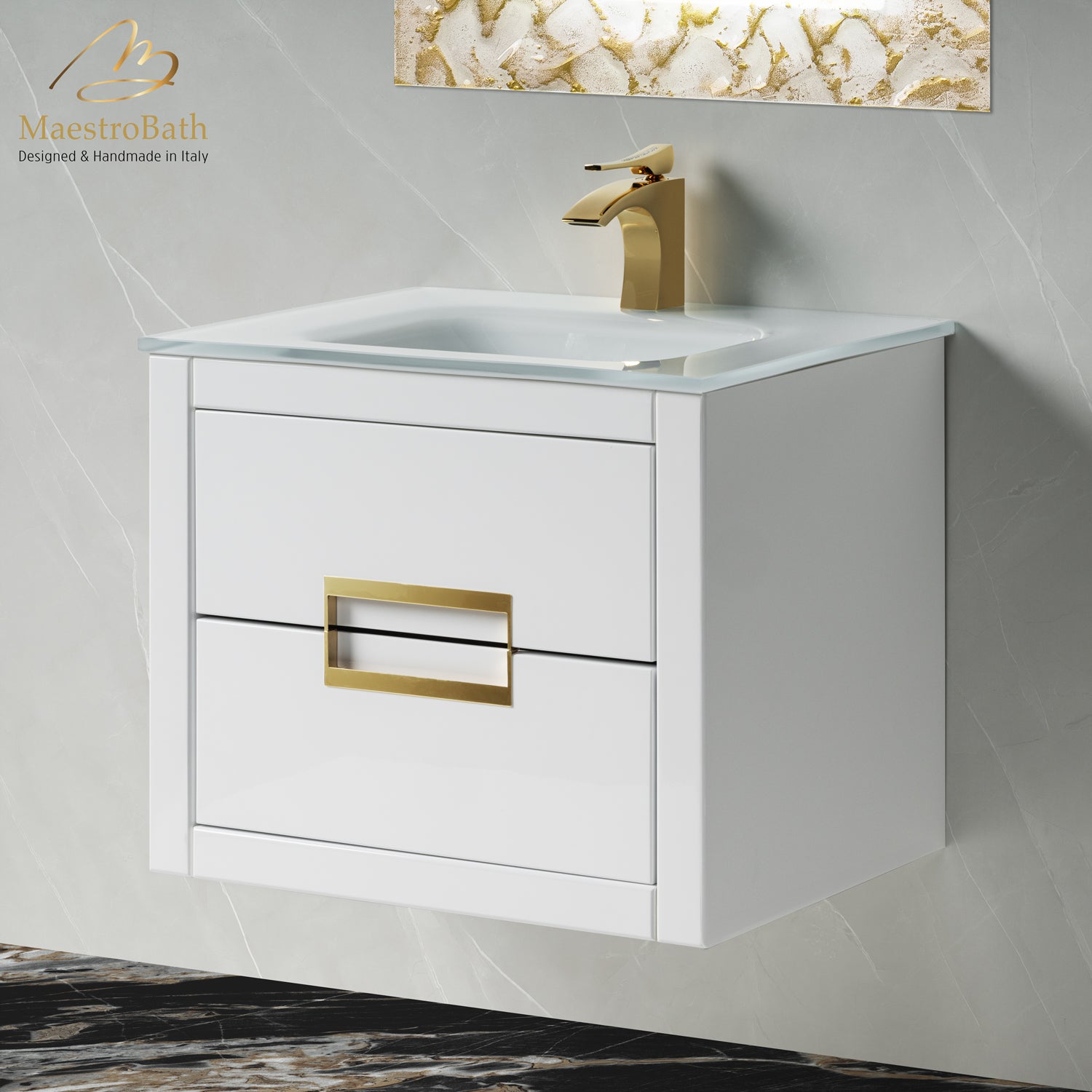 MaestroBath Dante 24" Modern Bathroom Vanity, White and Gold, Wall-mounted, Glass Top: Integrated, Wood, VANK-DNTI-WG6