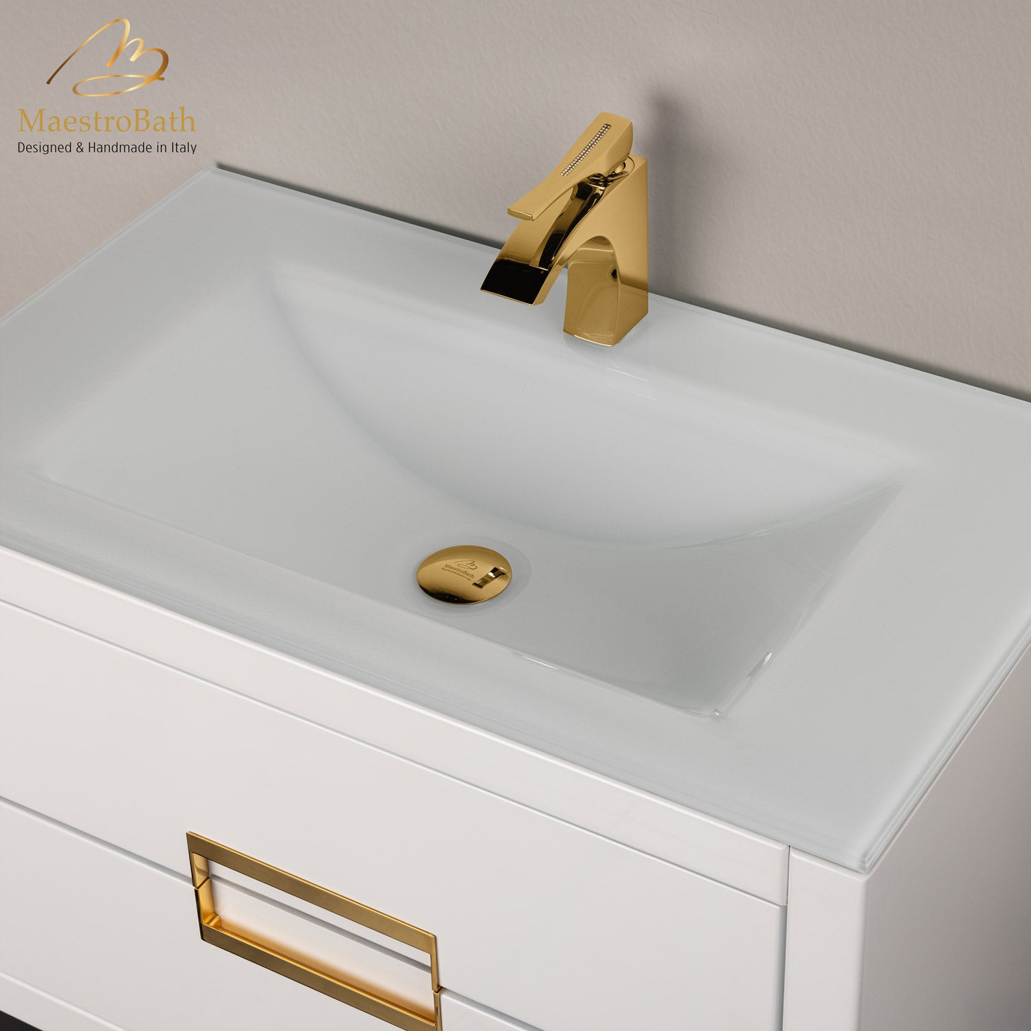 MaestroBath Dante 32" Modern Bathroom Vanity, White and Gold, Wall-mounted, Glass Top: Integrated, Wood, VANK-DNTI-WG8