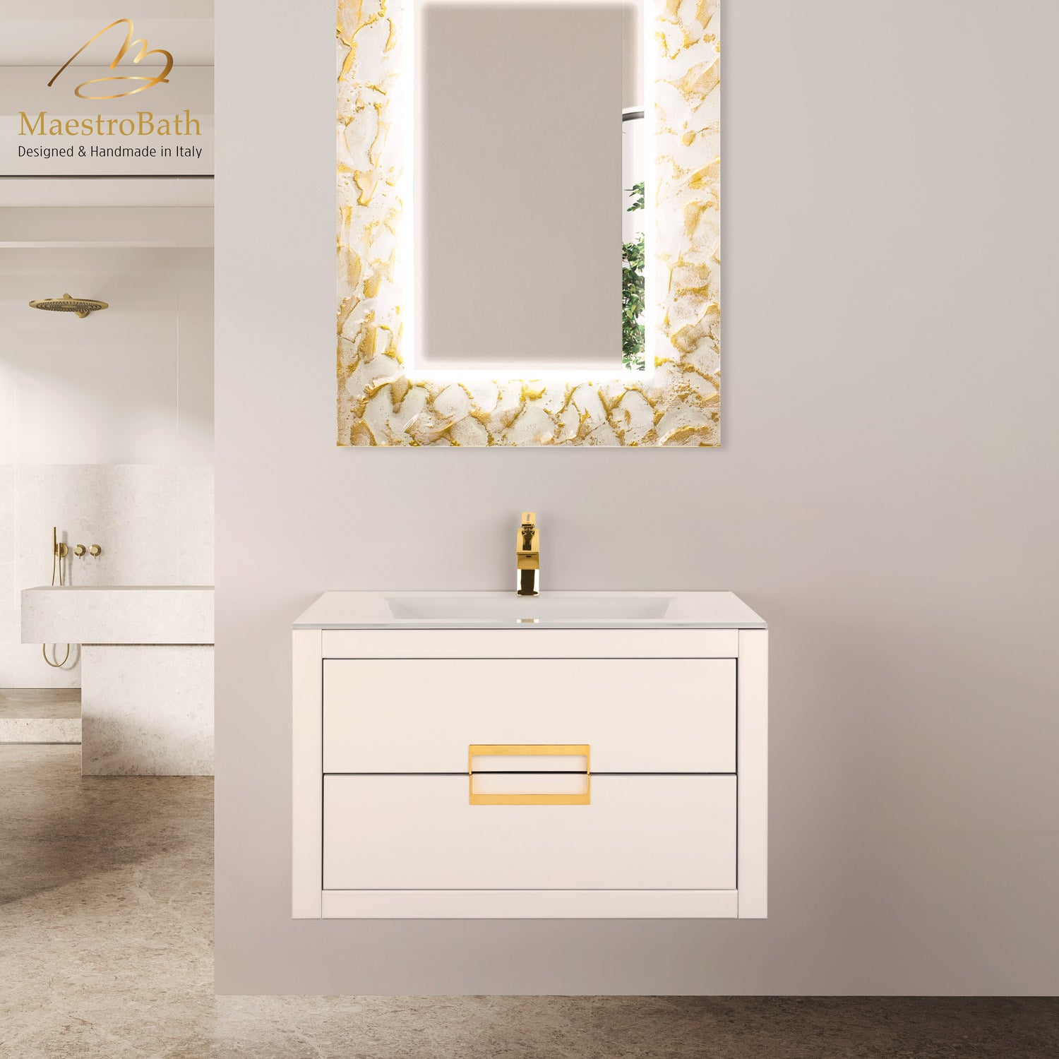 MaestroBath Dante 32" Modern Bathroom Vanity, White and Gold, Wall-mounted, Glass Top: Integrated, Wood, VANK-DNTI-WG8