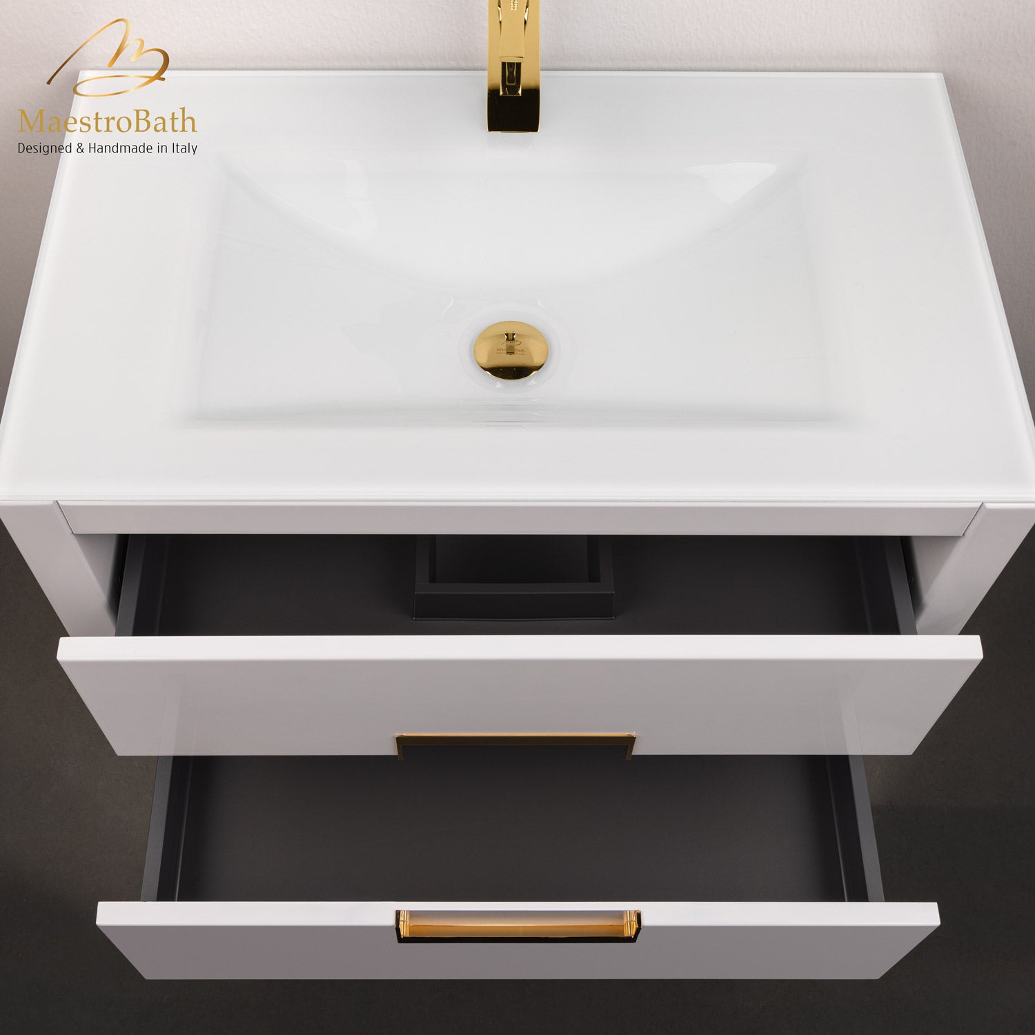 MaestroBath Dante 32" Modern Bathroom Vanity, White and Gold, Wall-mounted, Glass Top: Integrated, Wood, VANK-DNTI-WG8