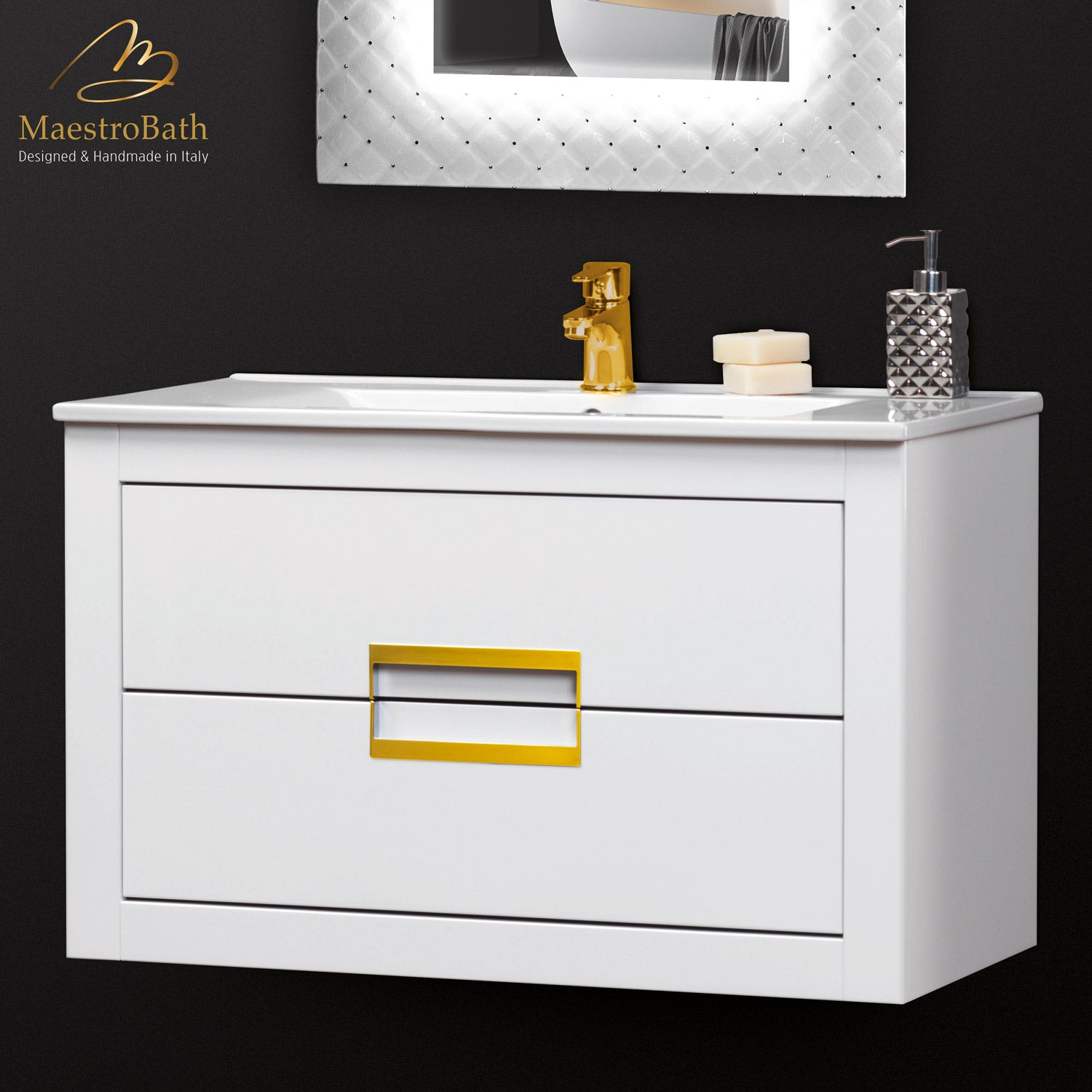 MaestroBath Dante 32" Modern Bathroom Vanity, White and Gold, Wall-mounted, Glass Top: Integrated, Wood, VANK-DNTI-WG8
